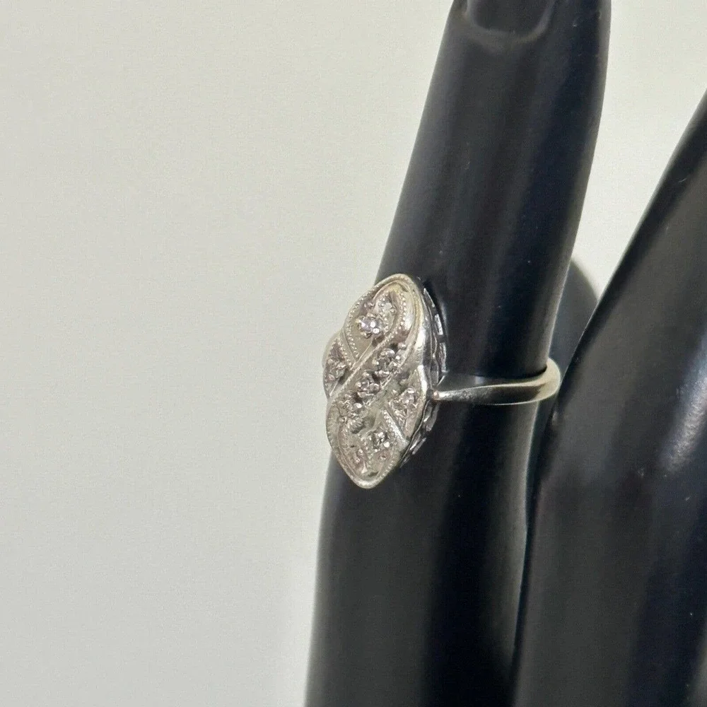 14K Solid White Gold Vintage Antique Deco Style Diamonds Band Ring Size 4.75